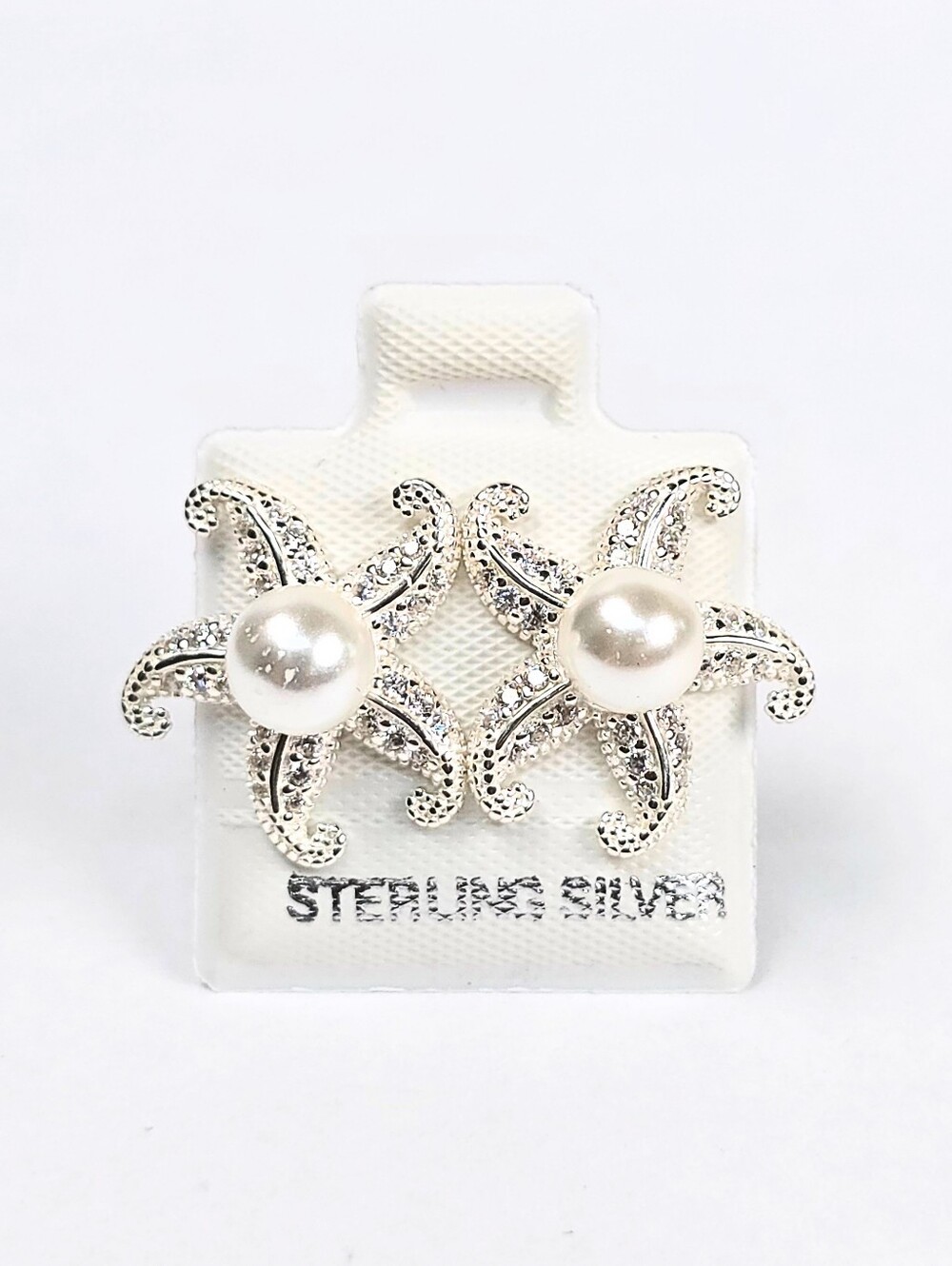 925 Sterling Silver Pearl Star Stud Earrings CZ Starfish Stud 16.5mm Elegant